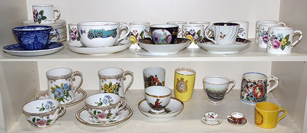 (lot of 28) Collection of assorted porcelain cups and: (lot of 28) Collection of assorted porcelain cups and saucers, including (12) Royal Worcester demitasse cups and saucers having a gilt border and floral decoration; a Spode tea cup and saucer in the "
