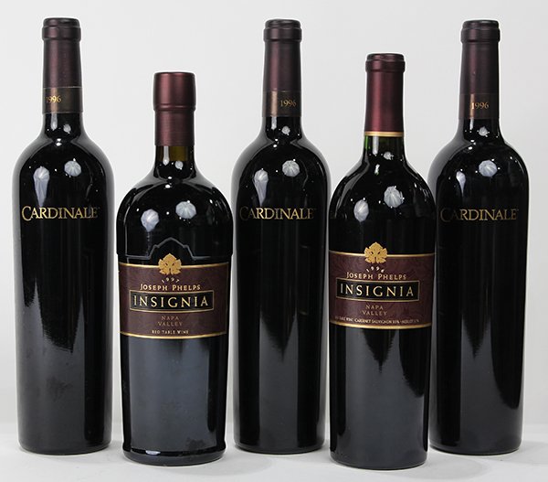 (lot of 5) California wine group: (lot of 5) California wine group, consisting of (3) 1996 Cardinale Estate Red, Napa Valley, USA; a 1996 and a 1997 Joseph Phelps Vineyards Insignia, Napa Valley, USA; each 750ml
