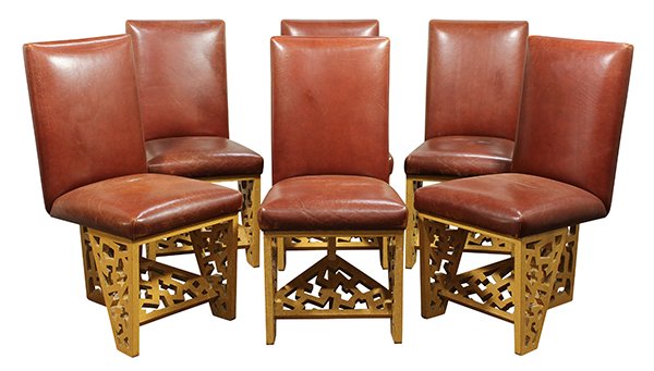(lot of 6) Moderne Robert Hutchinson (California: (lot of 6) Moderne Robert Hutchinson (California, 1937-2008) "Nicoya" dining chairs, the leather wrapped seat rising on a polychrome decorated wood frame, having three tapered legs accented with hand