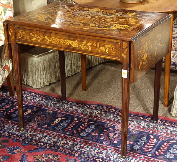 Dutch marquetry inlaid drop leaf table, second quarter: Dutch marquetry inlaid drop leaf table, second quarter 19th century, the rectangular top having floral decoration accented with ribbon swags and flanked with birds, having a single drawer further acce