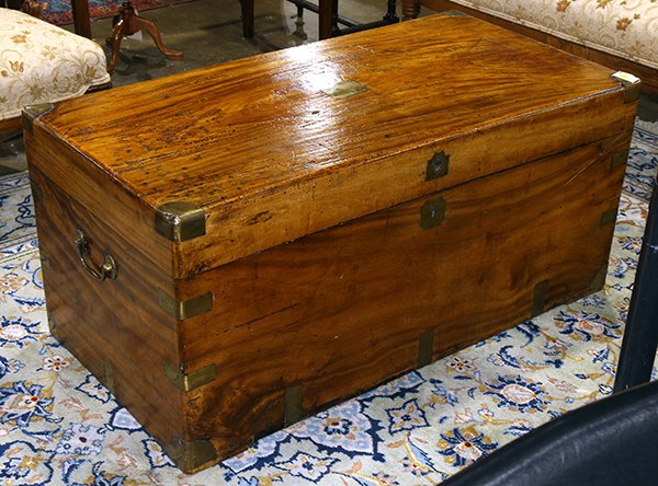 Campaign chest: Campaign chest, having a hinged lid centered with a square plaque, the exterior with brass mounts and retains original hardware, 18"h x 40"w x 20"d