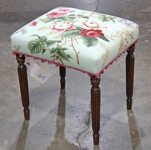 Federal style vanity stool, having a floral decorated: Federal style vanity stool, having a floral decorated seat and rising on fluted legs, 18.5"h x 18"w x 16"d. Provenance: From the Ligonier, PA estate of Richard Mellon Scaife