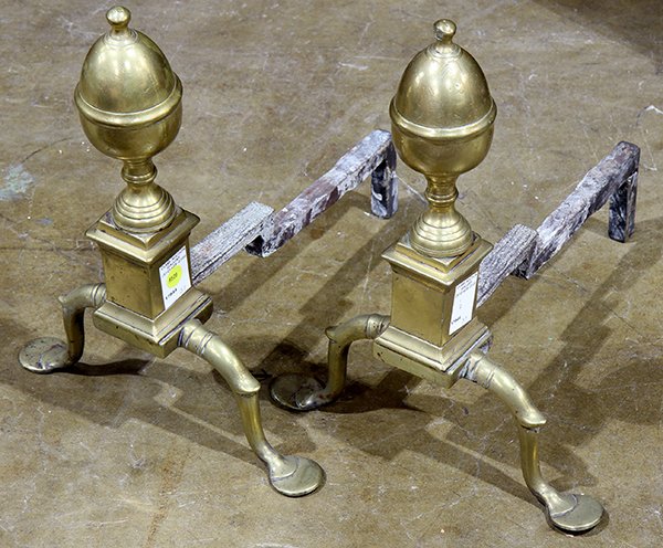 Pair of Georgian style andirons having turned standards: Pair of Georgian style andirons having turned standards and ball finials