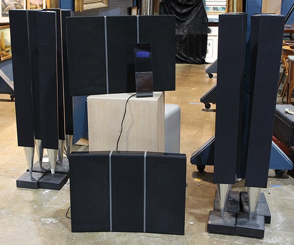 (lot of 14) Bang and Olufsen stereo system: (lot of 14) Bang and Olufsen stereo system, consisting of eleven tower speakers, a remote control, and two additional Beovok Type 6523 loudspeakers, 52.5"h