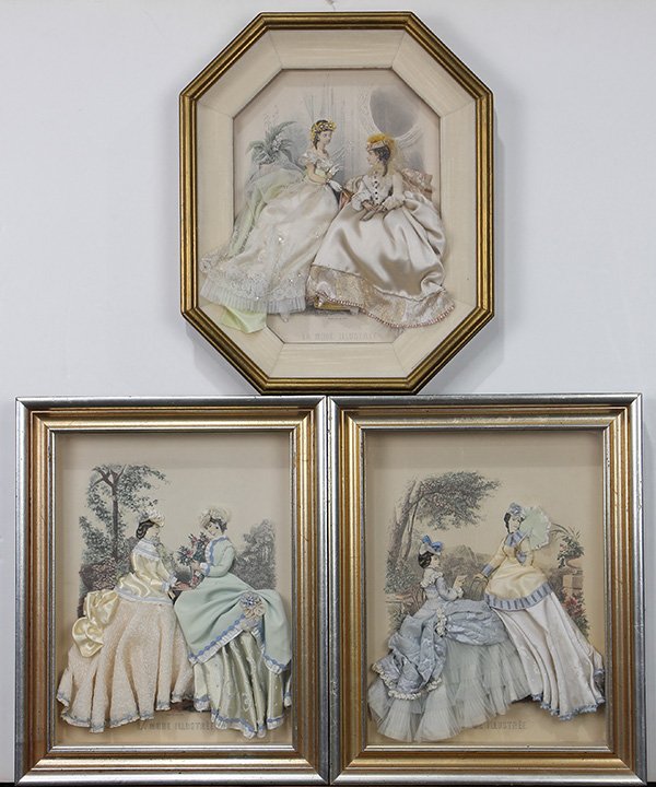 (lot of 3) Framed French fashion prints: (lot of 3) Framed French fashion prints with three dimensional embellishment, the fashion plates from La Mode Ilustree, each having applied fabric dressed and ornaments, framed in shadow boxes, 15.5"h