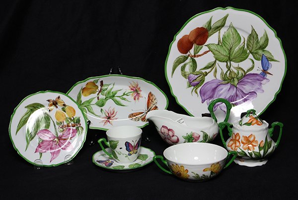 (lot of 66) Giovanna Amoruso Manzari hand painted: (lot of 66) Giovanna Amoruso Manzari hand painted partial table service for Limoges, decorated with fruit, flowers, and butterflies, comprising (7) dinner plates, 10.35"dia, (8) salad plates,(8) bread