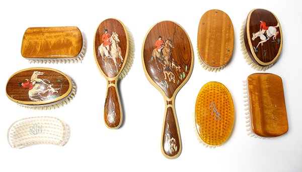(lot of 9) Men's dresser accessories by Mohawk and Kent: (lot of 9) Men's dresser accessories by Mohawk and Kent & Sons, including a Mohawk set executed in cocobola wood having a boar's bristle brush, (2) shoe brushes, and a hand mirror, each with hand pain