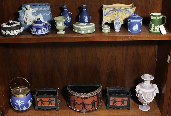 (lot of 17) Collection of jasperware, mostly Wedgwood,: (lot of 17) Collection of jasperware, mostly Wedgwood, including biscuit jars; Classical style vases; pill boxes, jardinieres, in various colors including in green cobalt, violet, etc. Provenance: Fro
