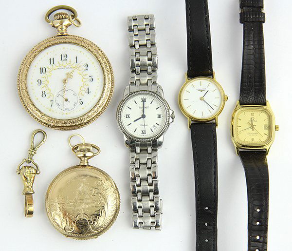 (Lot of 6) Collection of watches: (Lot of 6) Collection of watches comprised of one lady's Tissot Ballade stainless steel quartz wristwatch; one lady's Omega Seamaster quartz gold-filled wristwatch; one lady's Longines gold-filled qua