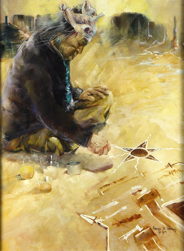 Painting, Richard D. Thomas: Richard D. Thomas (American, b. 1935), Navajo Sand Painting, 1975, oil on canvas, signed and dated lower right, overall (with frame): 34"h x 28"w