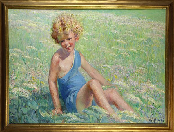 Painting, Child in Blooming Field: European School (19th century), Child in Blooming Field, oil on canvas, signed indistinctly 'G. Spinelli' (?) lower right, overall (with frame): 28.5"h x 38"w