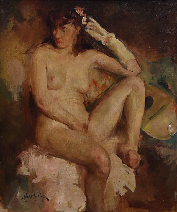 Painting, William Frederick Foster: William Frederick Foster (American, 1883-1953), Portrait of a Seated Nude, oil on canvas, signed lower left, overall (with frame): 38"h x 33"w. Provenance: From the estate of George Stoll (Monterey, C