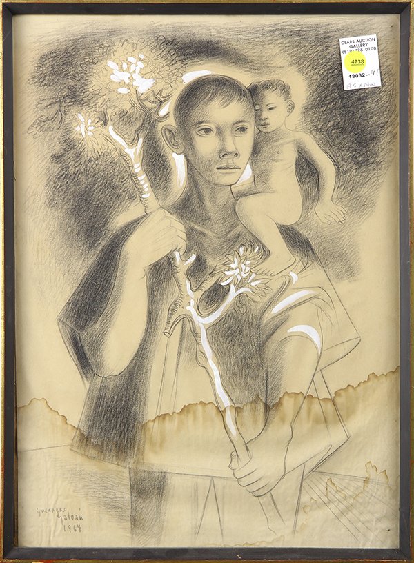 Drawing, Jesus Guerrero Galvan: Jesus Guerrero Galvan (Mexican, 1910-1973), Padre y Hijo, 1964, charcoal and gouache on paper, signed and dated lower right, overall (with frame): 19.5"h x 14"w