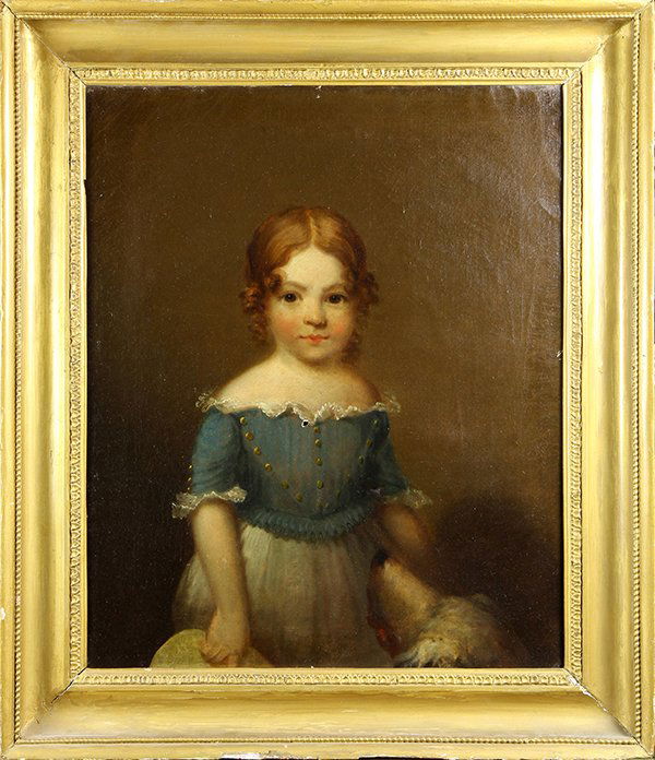 Painting, Circle of Charles Willson Peale: Circle of Charles Willson Peale (American, 1741-1827), Young Girl with Dog, oil on canvas, unsigned, 19th century, overall (with frame): 34"h x 28.5"w