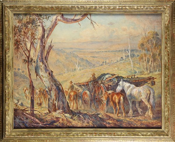 Watercolor, William Young: William Young (Australian 1906-1940), "Wagons Returning to the Ranch After Hay Bales are Sold," watercolor, signed lower right, overall (with frame): 26"h x 32"w