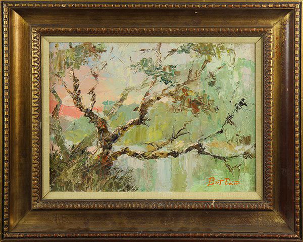 Painting, Burt Proctor: Burt Proctor (American 1901-1980), "Tree Against a Pink Sunset," oil on board, signed lower right, overall (with frame): 18.5"h x 22.5"w