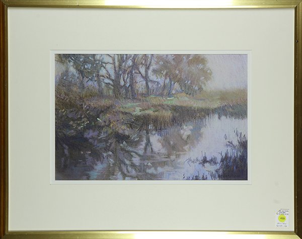 Drawing, Duane Wakeham: Duane Wakeham (American, b. 1937), Misty Morning Reflections, pastel on paper, signed lower right, overall (with frame): 24"h x 30"w