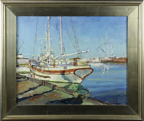 Paintings, Oleg Ulitskiy: (lot of 2) Oleg Ulitskiy (American/Ukrainian, b. 1965), "Fishing Boat" and Sailboat, 2012, oil on canvas, each signed and dated lower right, overalls (with frames): 21.5"h x 25.5"w