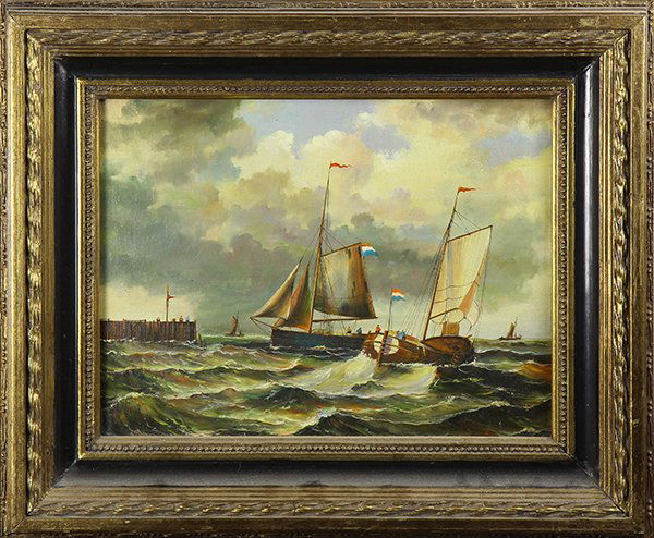 Painting, Yacht Race: Dutch School (19th century), Yacht Race, oil on canvas, unsigned, overall (with frame): 18.5"h x 22.5"w