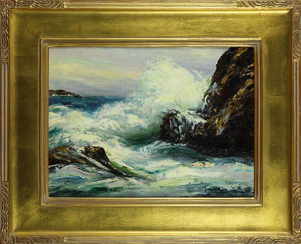 Painting, Joane Cromwell: Joane Cromwell (American, 1895-1969), "Song of the Sea," oil on board, signed lower right, title and artist information label affixed verso, overall (with frame): 18.5"h x 22.5"w
