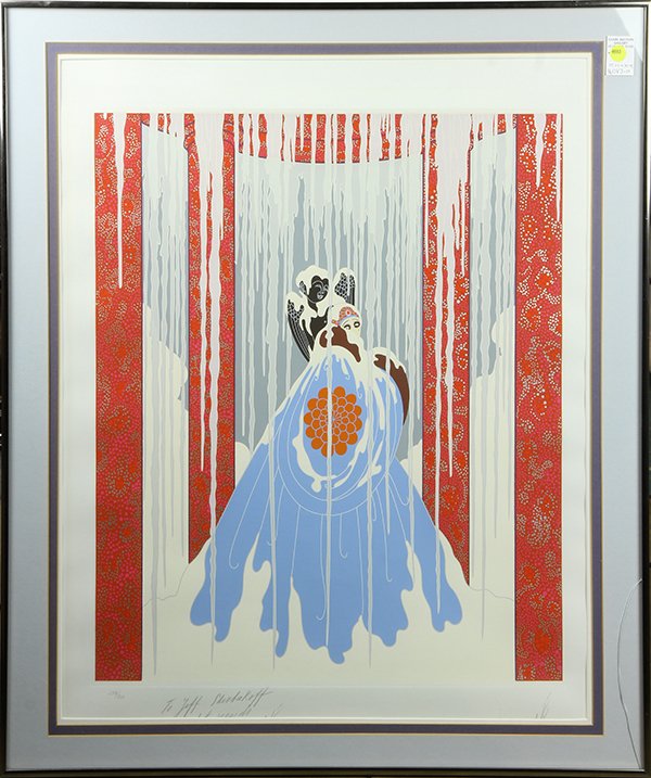Print, Erte: Erte (Romain de Tirtoff) (Russian/French/American, 1892-1990), Walking Through the Snowstorm, serigraph, pencil signed lower right, dedicated lower left, edition 259/300, overall (framed): 35.25"h x 3