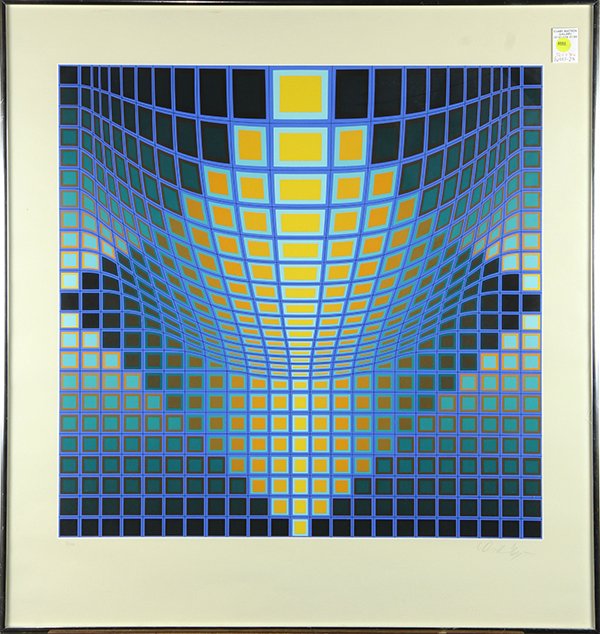 Print, Victor Vasarely: Victor Vasarely (French/Hungarian, 1906-1997), Optical Illusion in Blues/Greens/Yellows, serigraph, pencil signed lower right, edition 7/250, overall (framed): 32.5"h x 30"w