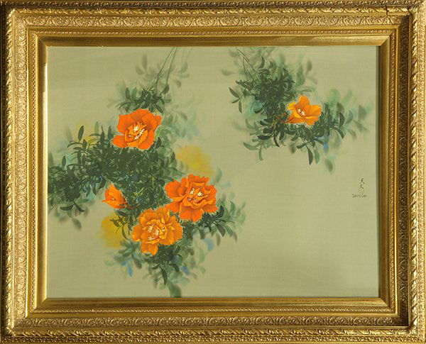 Painting, Orange Blossoms, by David Lee: Orange Blossoms, oil on silk, signed "David Lee" lower right center, 20th century, overall (with frame): 39.5"h x 49.5"w