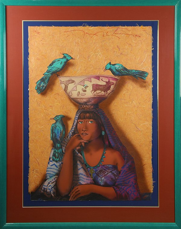 Print, Tony Abeyta: Tony Abeyta (American, b.1965), "Pueblo Visitor," 1990, mixed media silkscreen, signed upper right, edition 19/50, sight: 36"h x 25"w, overall (with frame): 47"h x 37"w