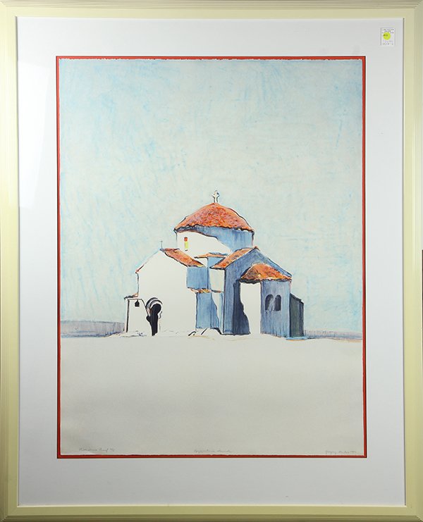 Print, Gregory Kondos: Gregory Kondos (American b. 1923), "Byzantine Church," 1928, lithograph in colors, pencil signed and dated lower right, titled lower center, edition: publishers proof set 2/5, overall (with frame): 53
