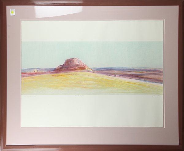 Print, Gregory Kondos: Gregory Kondos (American b. 1923), "Desert Heat," 1982, lithograph in colors, pencil signed and dated lower right, titled lower center, edition: publishes proof 2/5, overall (with frame): 43"h x 51.5"