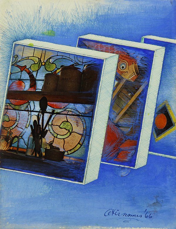 Works on Paper, Rita Simon: (lot of 2) Rita Simon (Atirnomis) (American, 1938-1987), "Three Boxes", 1966, ink and gouache on paper, signed and dated lower right, and "Ruins and Box," 1966, oil on printed paper, signed and dated