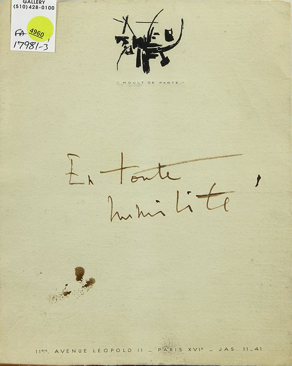 Work on Paper, Georges Mathieu: Georges Mathieu (French, 1921-2012), Stationary "Moult De Parte" inscribed and signed "En Toute," sheet (unframed): 10.5"h x 8.5"w