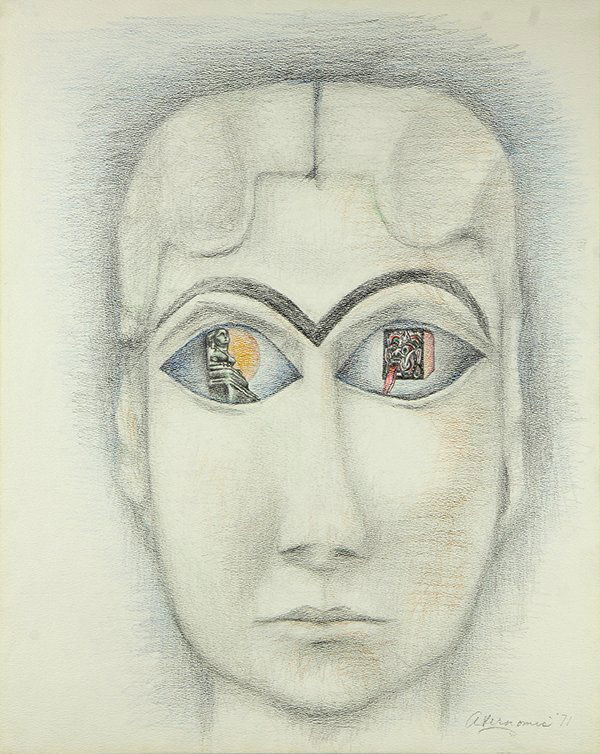 Drawing, Rita Simon (Atirnomis): Rita Simon (Atirnomis) (American, 1938-1987), Head with Images in Eyes, 1971, graphite and colored pencil on paper, pencil signed and dated lower right, sheet: 24"h x 19"w. Provenance: Deaccession fro