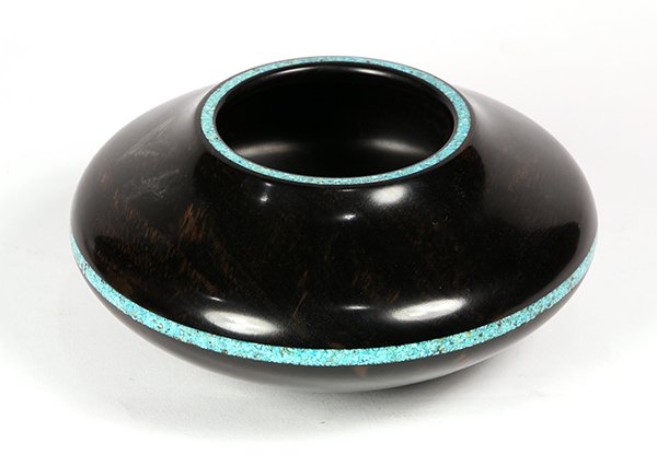 Warren Atkins wood turned and inlaid vessel: Warren Atkins wood turned and inlaid vessel, the squat form executed in ebony and having an inlaid turquoise rim and border, rising on a circular base marked Warren Atkins / Ebony and Turquoise / T -