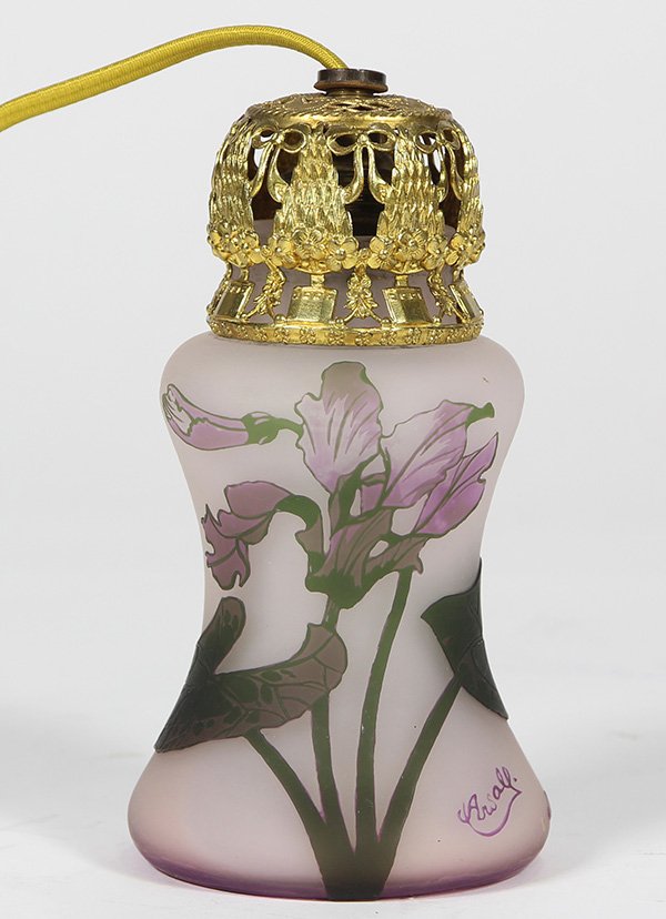 Arsall cameo glass vase having a tapered form, mounted: Arsall cameo glass vase having a tapered form, mounted as a boudoir lamp, decorated with cyclamen, in violet and green on a lavender ground, signed "Arsall, Aerozon, D.R.Y.M.", 6.5"h. Provenance: Pro