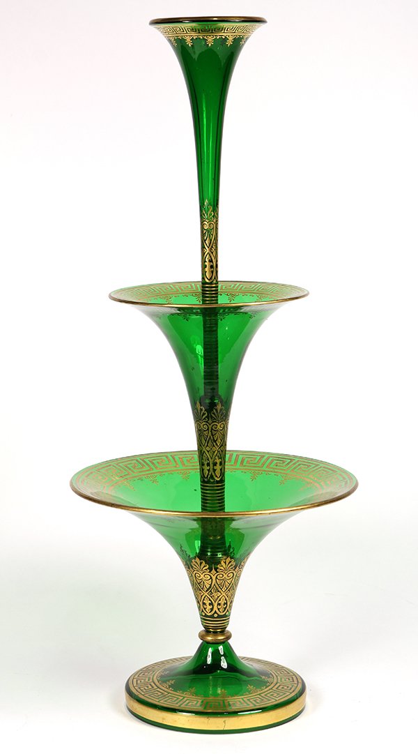 Moser green and gilt decorated epergne: Moser green and gilt decorated epergne, having three tiers, each with a trumpet form, and rising on a circular base, 22"h