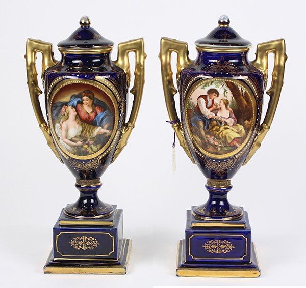 Pair of Royal Vienna enamel decorated covered urns (1 of 7)
