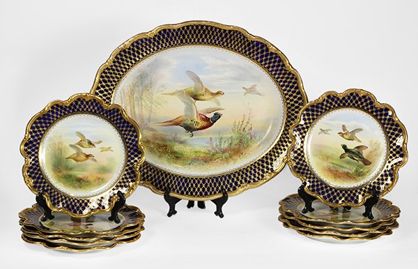 (lot of 11) English hand painted game service, each (1 of 5)