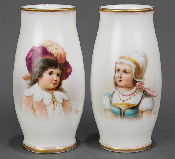 Pair of Bristol painted milk glass portrait vases, (1 of 6)