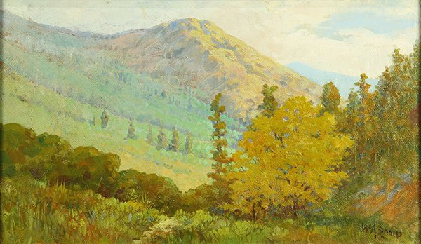 Painting, William Alexander Sharp: William Alexander Sharp (American, 1864-1944), Late Summer Mountains, oil on board, signed lower right, sight: 10.5"h x 18"w, overall (with frame): 14.75"h x 22"w