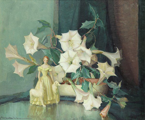 Painting, Nell Walker Warner: Nell Walker Warner (American, 1891-1970), Still Life with Figurine and Flowers," oil on canvas, signed lower left, canvas:: 30"h x 36"w, overall (with frame): 36"h x 42.5"w