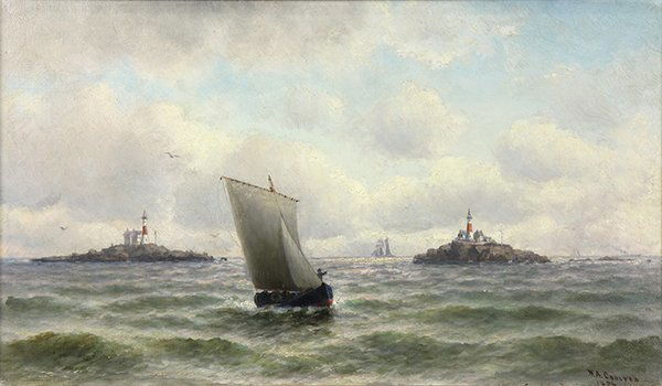 Painting, William Alexander Coulter: William Alexander Coulter (American 1849-1936), "The Maidens, Double Lighthouses Off the Irish Coast," 1894, oil on canvas, signed and dated lower right, gallery label (Montgomery Gallery, San Francis