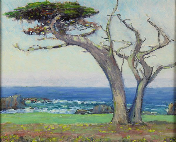 Painting, William Posey Silva: William Posey Silva (American, 1859-1948), "At Cypress Point," oil on panel, signed lower left, titled verso, panel: 14"h x 18"w, overall (with frame): 21"h x 24.25"w