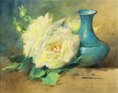 Watercolor, Blanche Odin: Blanche Odin (French, 1865-1957), Still Life with White Rose and Blue Vase, watercolor on paper, signed lower right, sight: 9.25"h x 11.5"w, overall (with frame): 23"h x 27"w