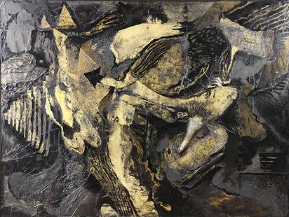 Mixed media, Robert Arneson: Robert Arneson (American, 1930-1992), "Second Try," mixed media on board, unsigned, museum title remnant (Oakland Museum) affixed verso, board: 34.5"h x 46"w, overall (with frame): 36.25"h x 48.75"w