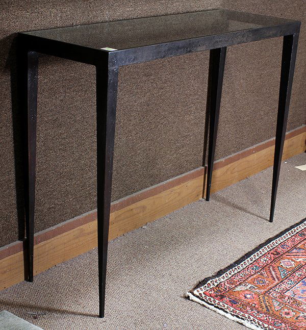 Moderne patinated steel and glass console table (1 of 3)