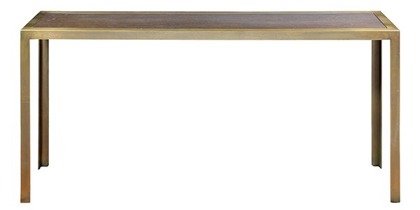 Harry Lunstead Design: Harry Lunstead Design, Seattle, WA console table, having a brass frame with oak top, and rising on square legs, with original paper label on underside, 59" x 29" x 14"
