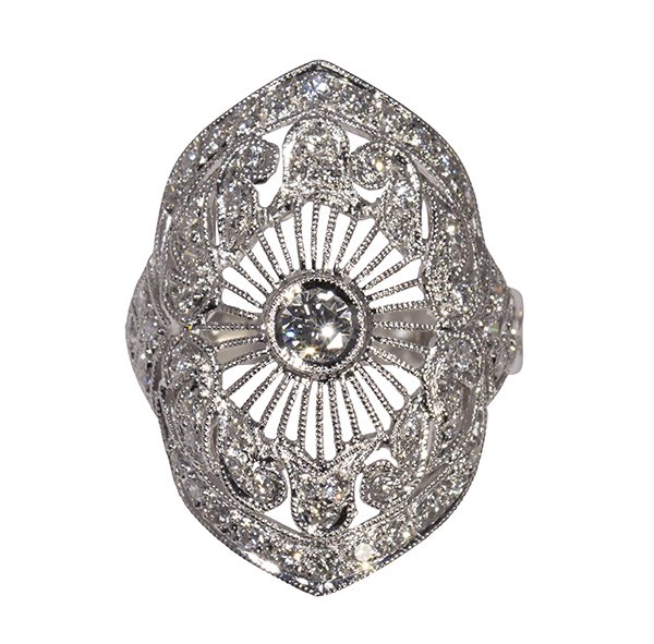 Diamond and 14k white gold ring: Diamond and 14k white gold ring centering (1) round brilliant cut diamond weighing approximately 0.16 ct., accented by full cut diamonds totaling approximately 0.56 ct., set in an Edwardian style 14k 