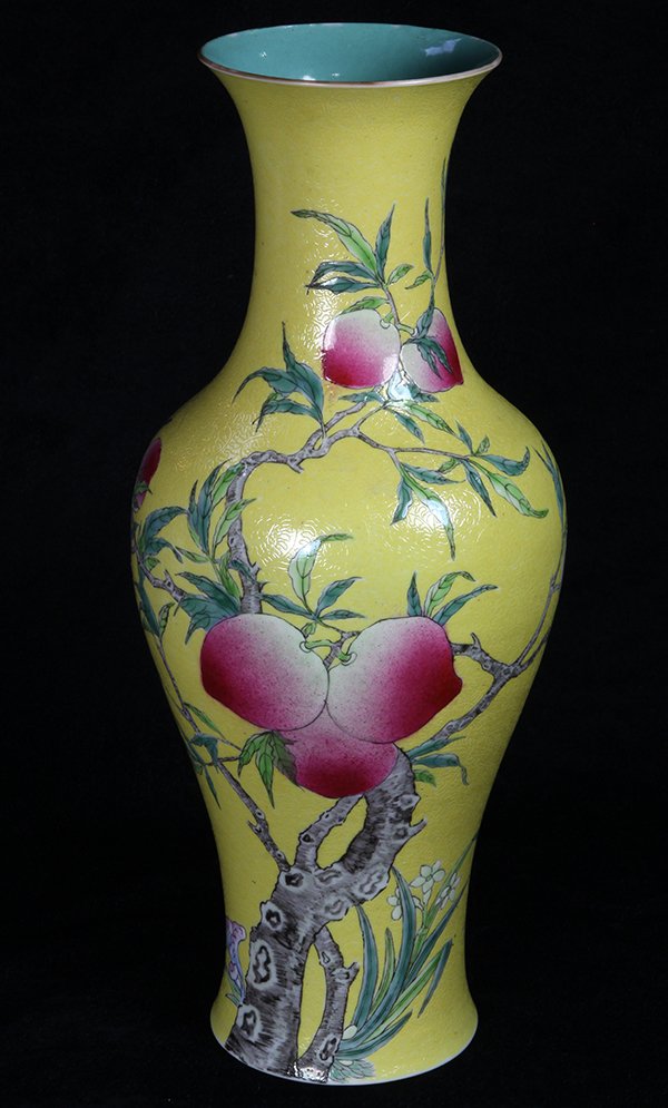 Chinese Yellow Scraffito Vase, Peaches (1 of 5)