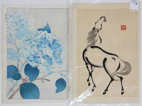 Japanese Woodblock Prints, Shodo, Nagai: (lot of 6) Japanese woodblock prints: Kawarazaki Shodo (1889-1973), 'Hydrangea', sealed, signed and dated 1947; Nagai Iku (b. 1930), 'Kappa (=water imp)'; together with three prints of horses, sealed/